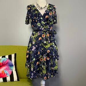 Tahari Blue Floral Cold Shoulder Ruffle Cocktail Dress